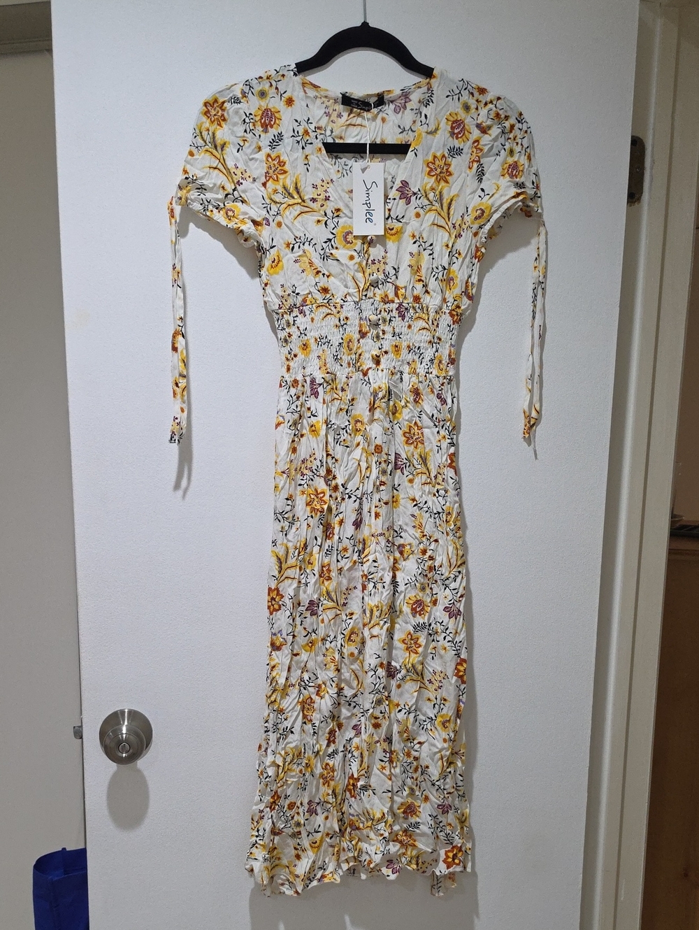 Simplee White Midi Dress with Yellow Floral Pattern